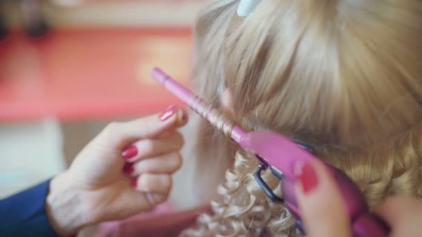 Sonriente Peluquera Haciendo Coiffure Mujer Joven Bonita Con Pelo Largo — Vídeo de stock