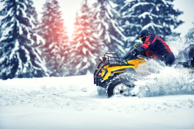 Rider driving in the quadbike race in winter in the forest clipart