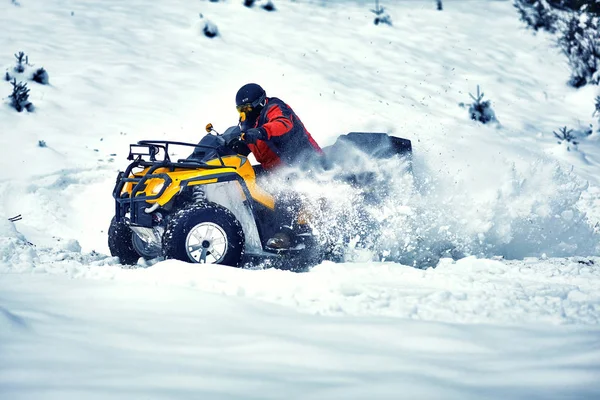 Rider Driving Quadbike Race Winter Forest — Stock Photo, Image