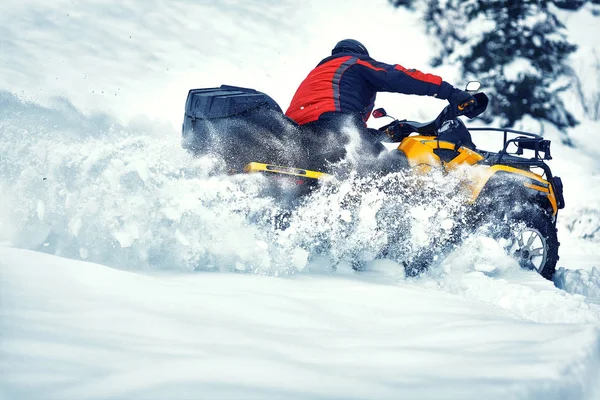 Rider Οδήγηση Στο Quadbike Αγώνα Χειμώνα Στο Δάσος — Φωτογραφία Αρχείου