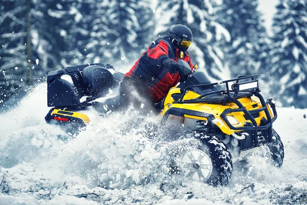 Rider Driving Quadbike Race Winter Forest — Stock Photo, Image