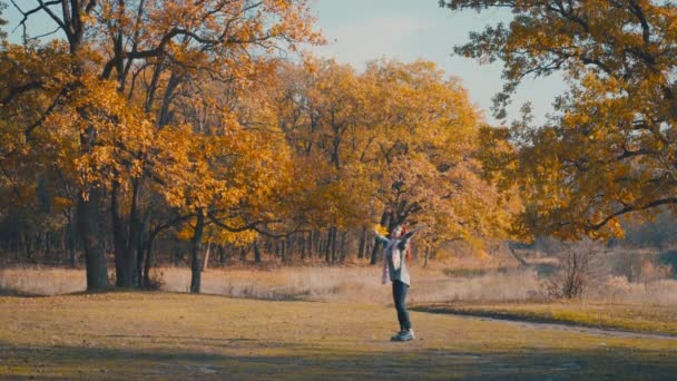 一个笑着的小女孩在秋天的森林里走着 背靠着黄叶的灌木丛 旋转着 — 图库视频影像