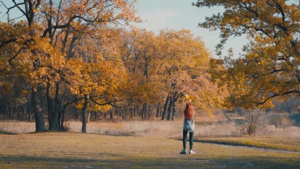 Een Jong Lachend Meisje Wandelt Door Het Herfstbos Tegen Achtergrond — Stockvideo