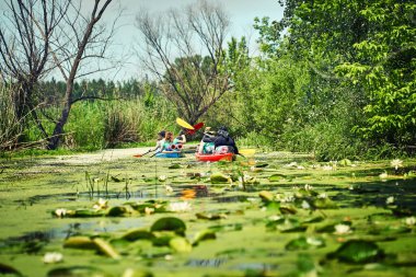 Bir grup genç kanoyla nehirde rafting yapıyor.