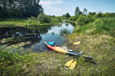 Bir grup genç kanoyla nehirde rafting yapıyor.