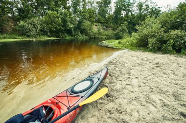 Bir grup genç kanoyla nehirde rafting yapıyor.