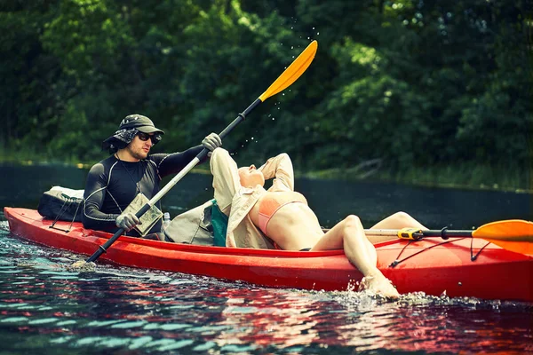 Group Young People Kayak Outing Rafting River — Stock Photo, Image