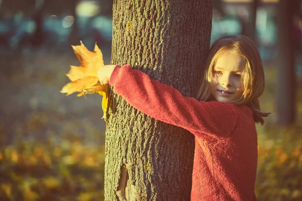 Klein Meisje Met Geel Blad Kind Spelen Met Herfst Gouden — Stockfoto