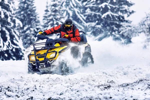 Piloto Dirigindo Corrida Quadbike Inverno Floresta — Fotografia de Stock