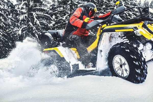 Rider Driving Quadbike Race Winter Forest — Stock Photo, Image