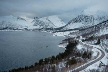 Karla kaplı dağlar ve kışın fiyordun yanında dolambaçlı bir yol. Lofoten Adaları, Norveç