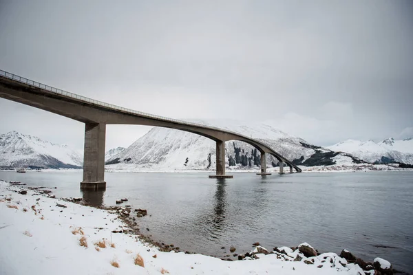 Kıvrımlı bir köprü karlı bir nehrin üzerinde uzanır ve arkasında dağlar vardır..