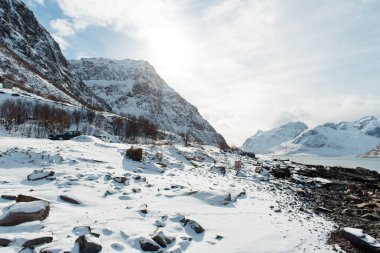 Parlak bir gökyüzünün altında kayalık kıyı şeridi olan karla kaplı dağ manzarası.