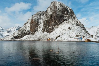 Mavi gökyüzünün altında sakin bir fiyort ile karla kaplı bir dağ. Lofoten Adaları, Norveç