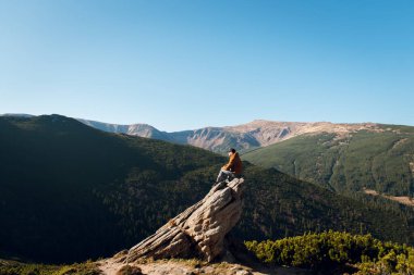 Açık mavi gökyüzünün altındaki dağlık bir araziye bakan büyük bir kayanın üzerinde oturan bir kişi.