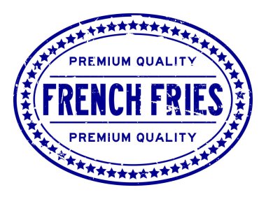 Grunge mavi premium kalite patates kızartması oval lastik mühür damgası beyaz arka plan üzerinde