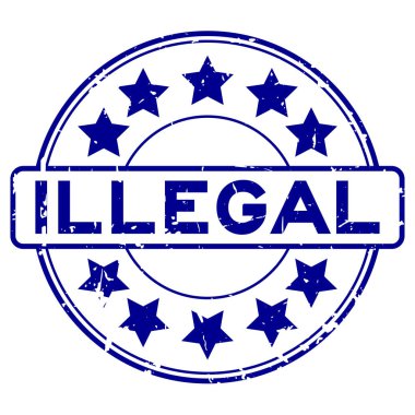 Grunge mavi yıldız simgesi ile yasadışı yuvarlak lastik damgası beyaz arka plan üzerinde