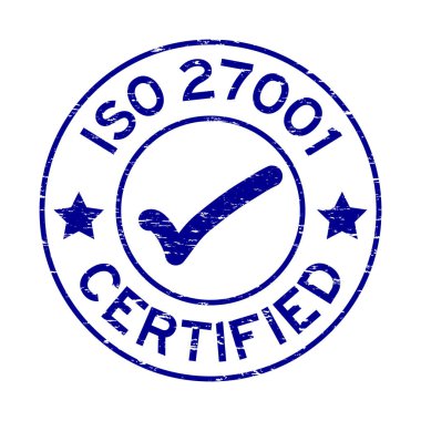 Grunge mavi ISO 27001 yuvarlak lastik mühür damgası beyaz arka plan üzerinde sertifikalı