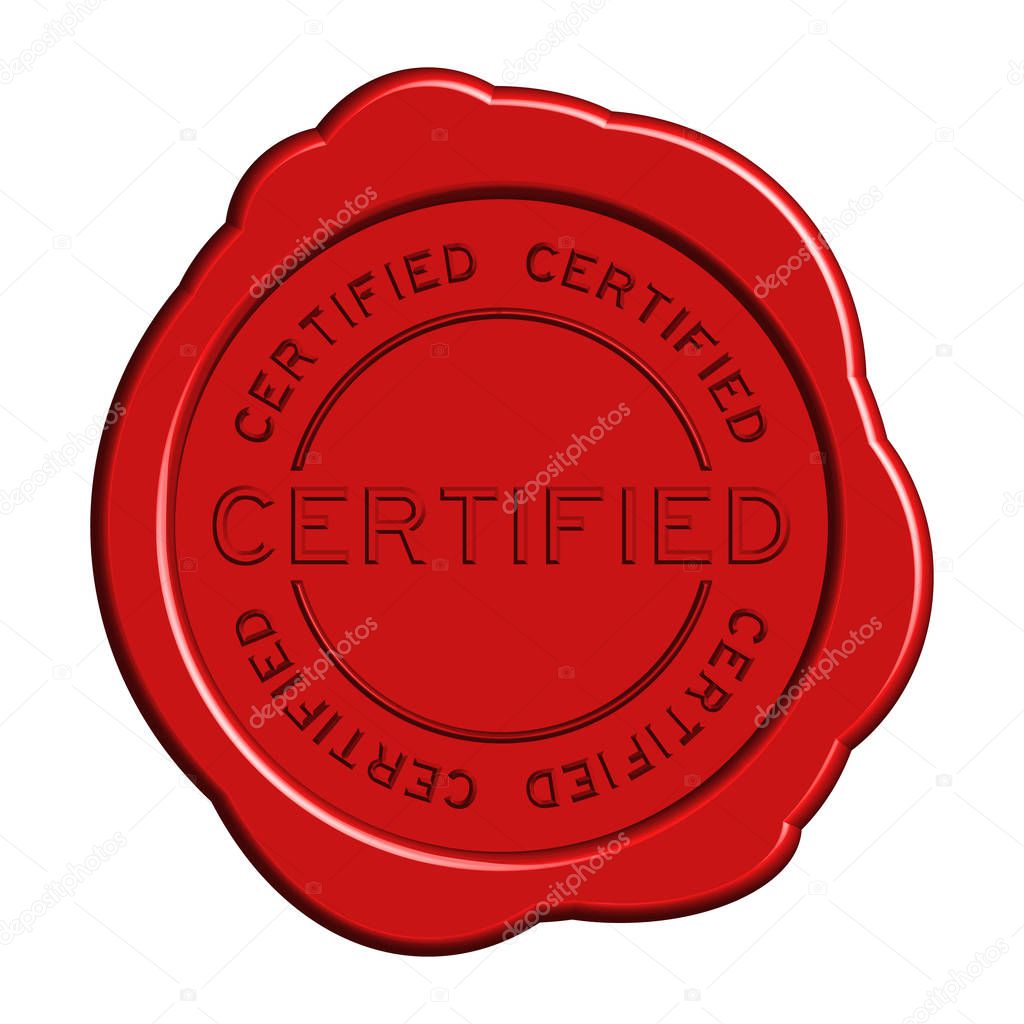 Round red color certified wax seal on white background
