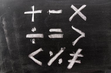 Beyaz renk chak el yazı tahtası arka plan üzerinde Matematik sembolü şekil çizimi