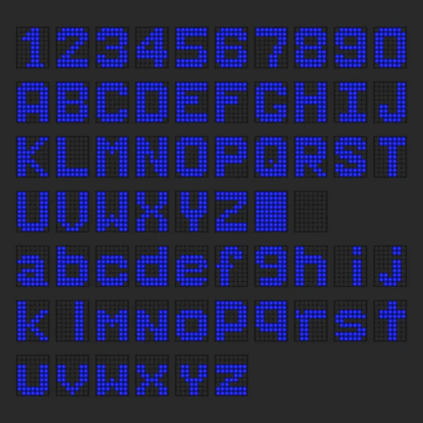 Blau Geführte Digitale Englische Großbuchstaben Kleinbuchstaben Ziffernanzeige Auf Schwarzem Hintergrund — Stockvektor