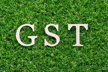 Word Gst (mal ve hizmet vergisi kısaltması) suni yeşil çim zemin üzerine ahşap alfabe