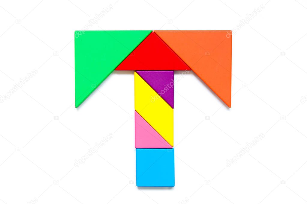 Color tangram puzzle in english alphabet t shape on white background