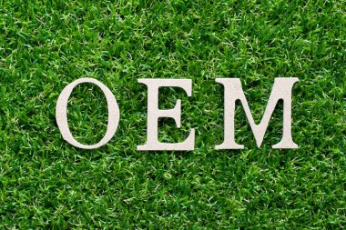 Word Oem (orijinal donatma imalatçı Abbbreviation) suni yeşil çim zemin üzerine ahşap alfabe