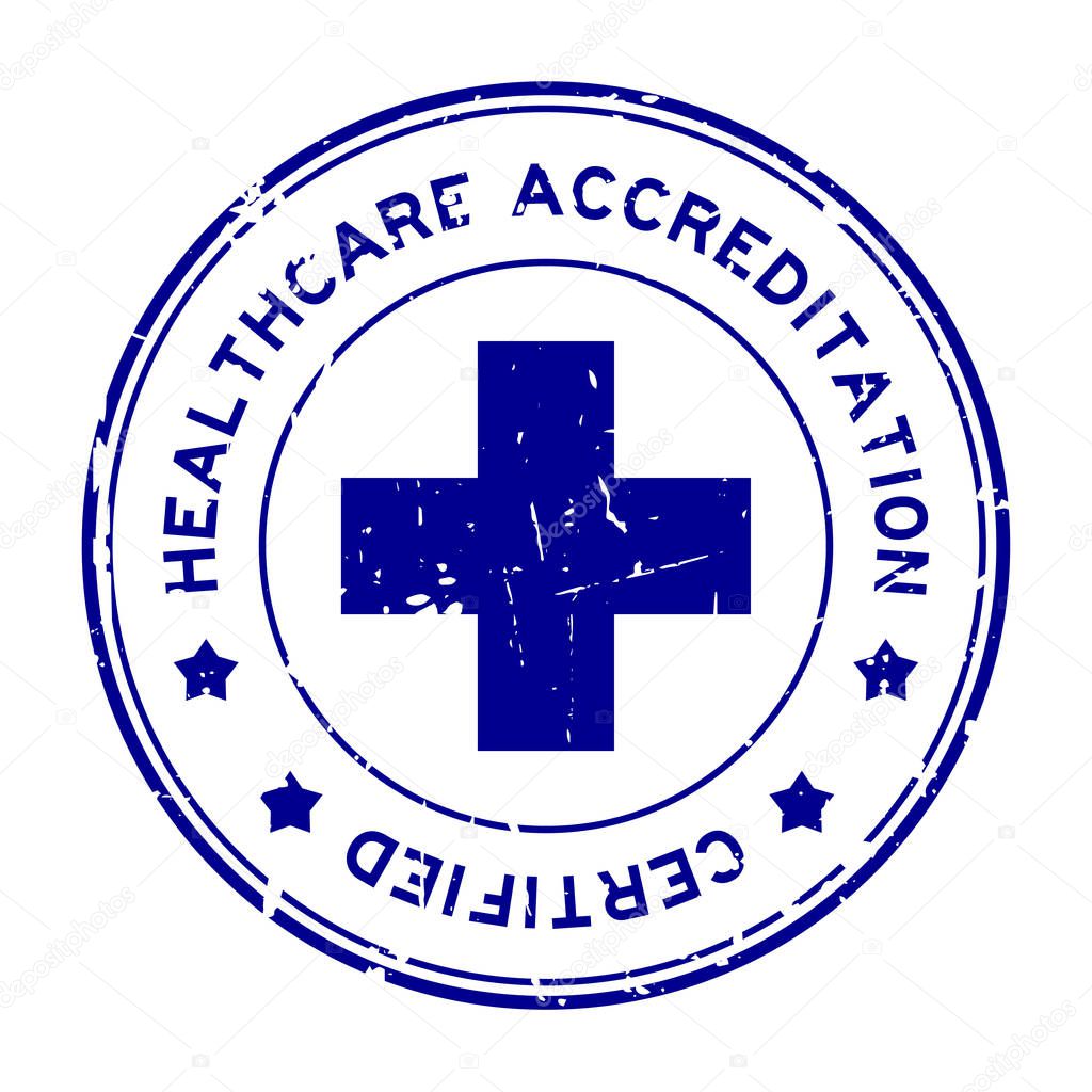 Grunge blue healthcare accreditation round rubber seal stamp on white background