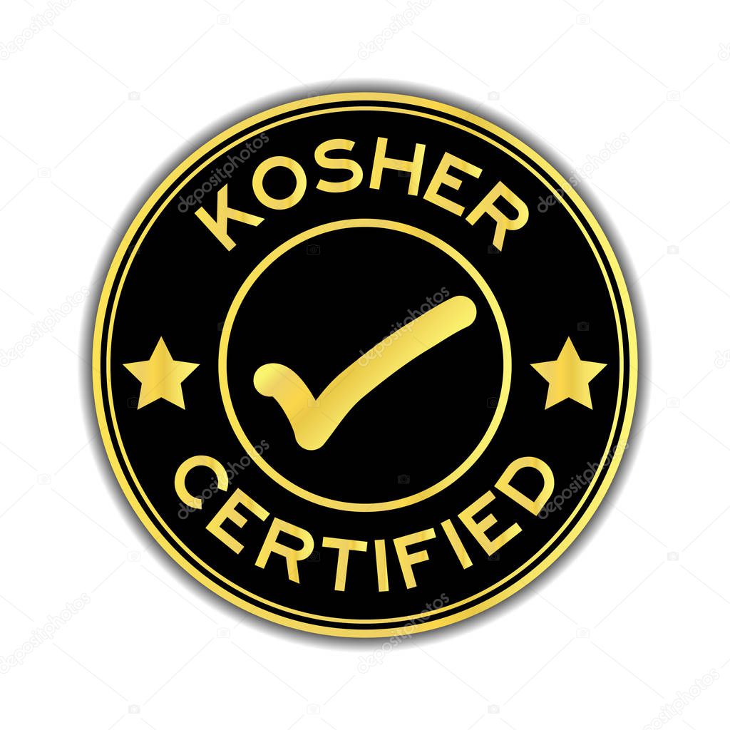 Black and gold color kosher certified word round seal sticker on white background