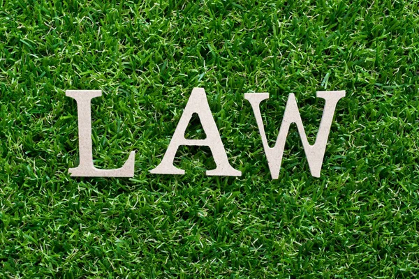 Деревянный Алфавит Слове Закон Искусственном Зеленом Фоне Травы — стоковое фото
