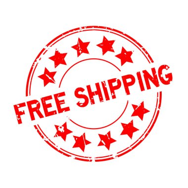 Grunge kırmızı ücretsiz nakliye word yıldız simgesi ile yuvarlak lastik mühür damgası beyaz arka plan üzerinde