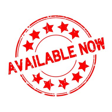 Grunge kırmızı yıldız simgesi kelimesiyle yuvarlak şimdi lastik damgası beyaz arka plan üzerinde kullanılabilir