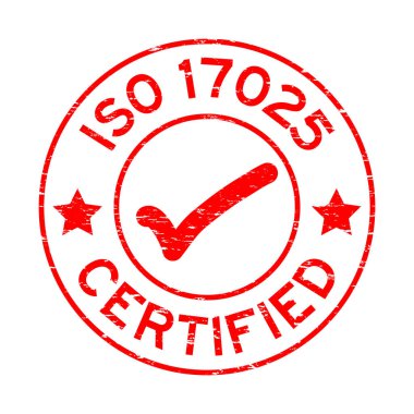 Grunge Kırmızı lastik mühür damgası beyaz arka plan üzerinde yuvarlak işareti simgesiyle ISO 17025 onaylı