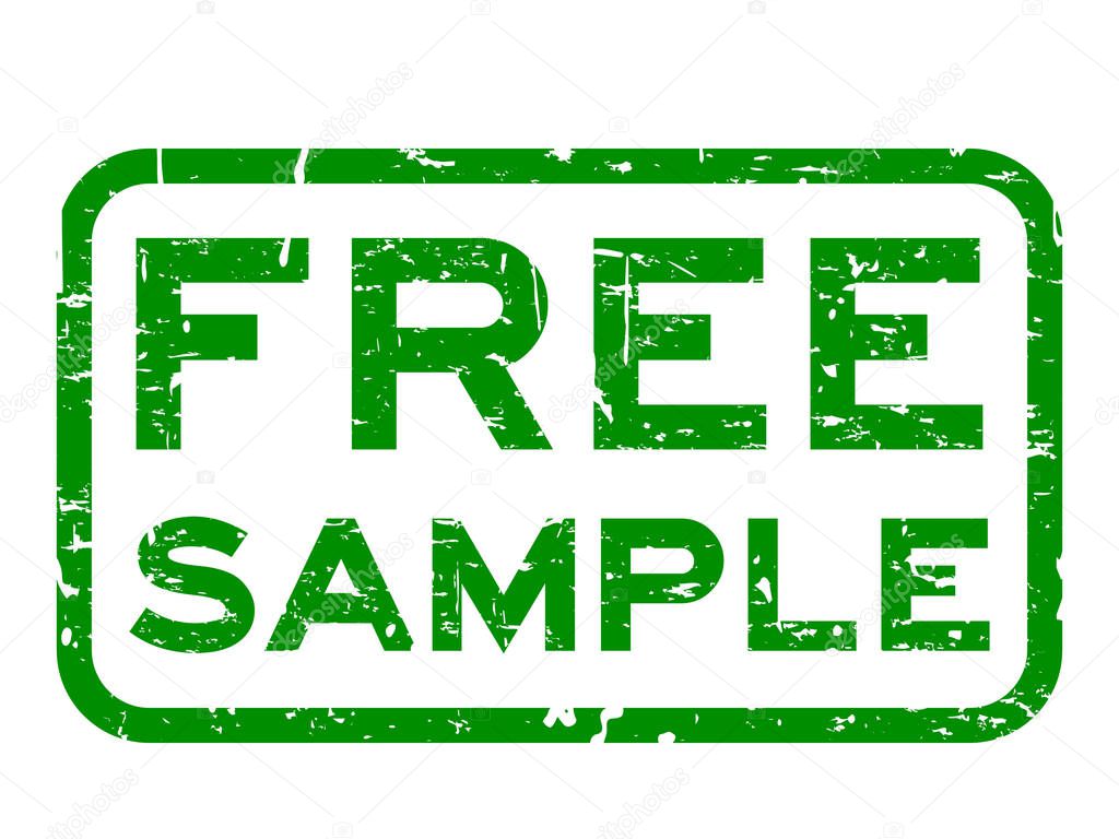 Grunge green free sample square rubber seal stamp on white background