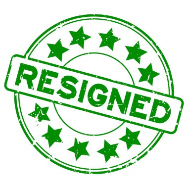 Lastik mühür damgası yuvarlak yıldız simgesi ile beyaz arka plan üzerinde ifadeler grunge yeşil istifa etti