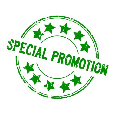 Grunge yeşil özel promosyon yıldız simgesi ile yuvarlak lastik damgası beyaz arka plan üzerinde 