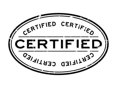 Grunge siyah sertifikalı kelime oval lastik mühür damgası beyaz arka plan üzerinde