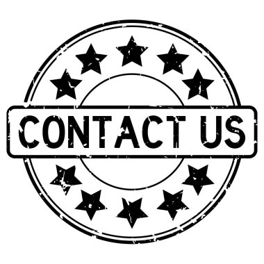 Grunge siyah beyaz arka plan üzerinde lastik mühür damgası yuvarlak yıldız simgesi ile kelime bize ulaşın