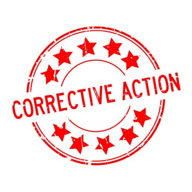 Grunge kırmızı düzeltici eylem kelime yıldız simgesi ile yuvarlak lastik mühür damgası beyaz arka plan üzerinde