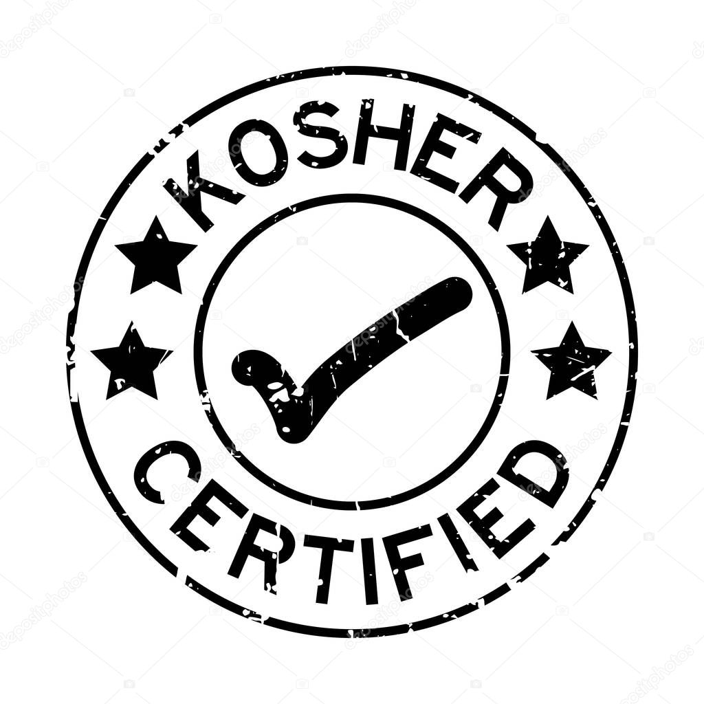 Grunge black kosher certified word with mark icon round rubber seal stamp on white background