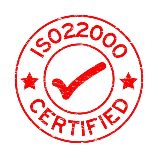 Grunge Röd Iso 22000 Certifierad Med Markera Ikonen Runda Gummi — Stock vektor