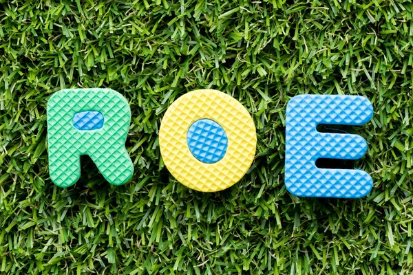 Color alphabet letter in word ROE (Abbbreviation of Return on equity) on artificial green grass background