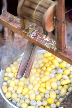 İpek makaralama için vintage yöntemi ve sıcak su arka planda sarı ve beyaz koza kapandı