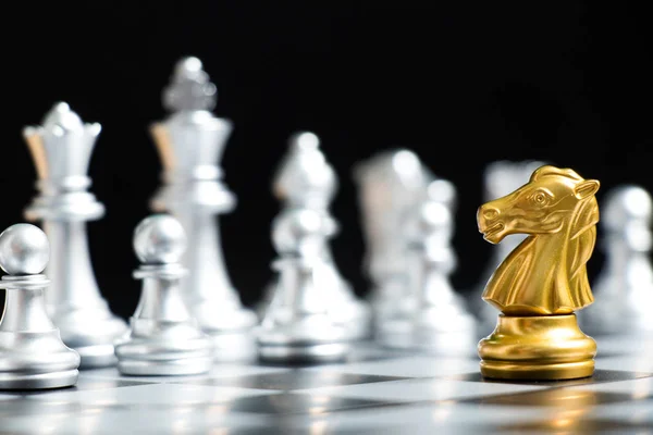 Gold Knight Chess Piece Face Silver Team Black Background Concept — Stock Photo, Image