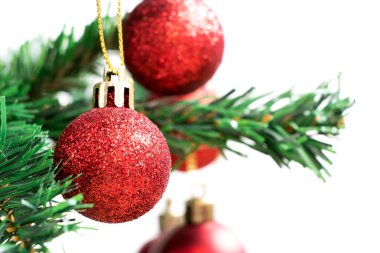 Kırmızı dekorasyon top beyaz arka plan ile yeşil Noel ağacı üzerinde