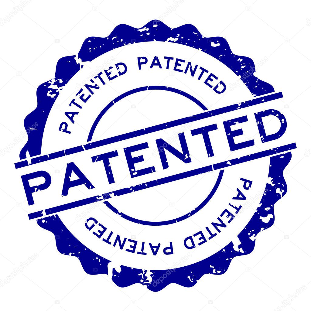 Grunge blue patented word round rubber seal stamp on white background