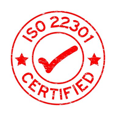 Yuvarlak lastik mühür damgası beyaz zemin üzerine kırmızı grunge ISO 22301 sertifikalı