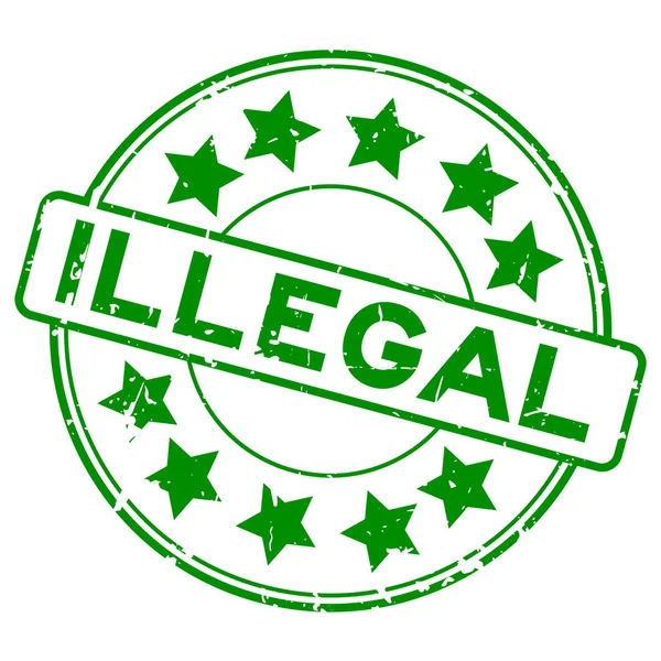 グランジ グリーンで違法の星のアイコンと丸白い背景の上のゴム印 — ストックベクタ