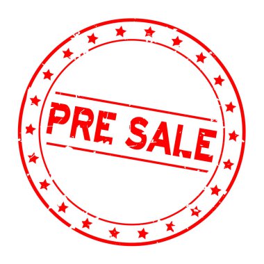 Grunge kırmızı ön satış word yıldız simgesi ile yuvarlak lastik mühür damgası beyaz arka plan üzerinde